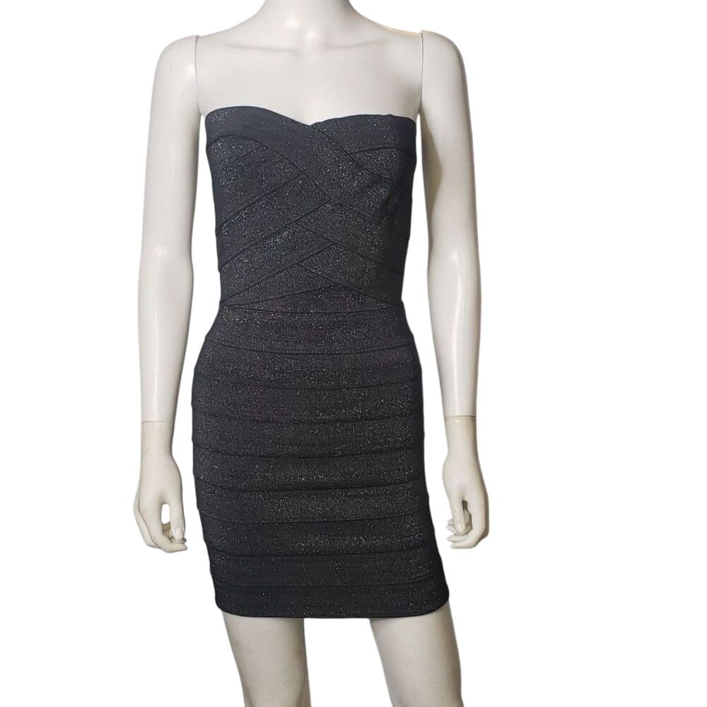 Pleasure Doing Business Black and Silver Metallic Sweetheart Bandage Dress Small